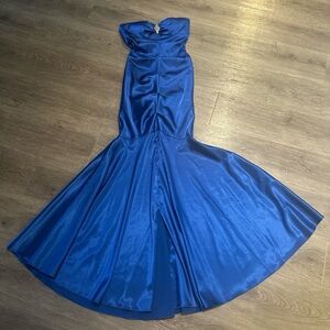 Xscape Blue Strapless Ruched Prom Gown
